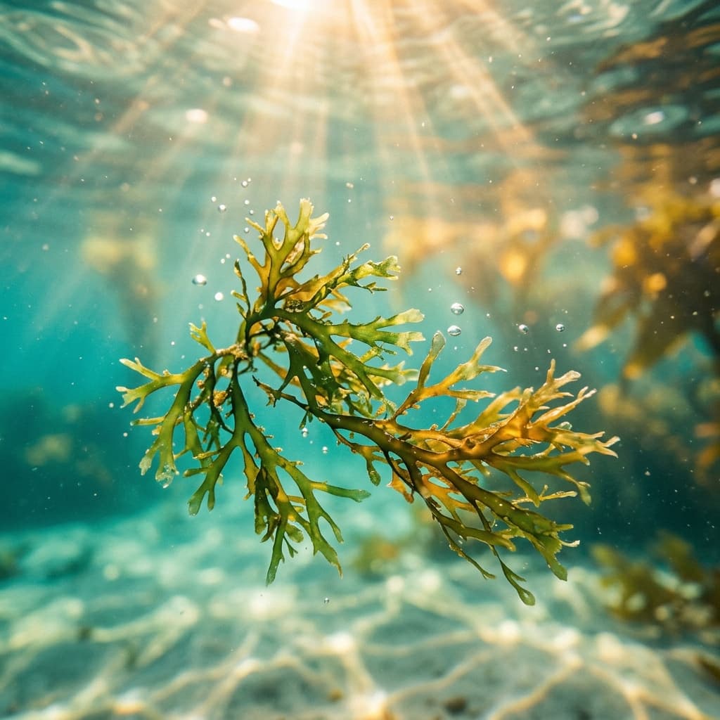 Sea moss macro — red algae suspended in shallow Atlantic water