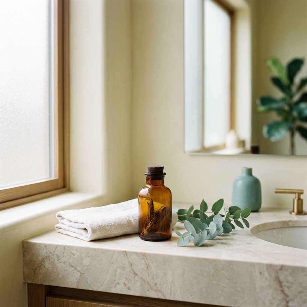Seaduced bottle at rest on a marble bathroom counter